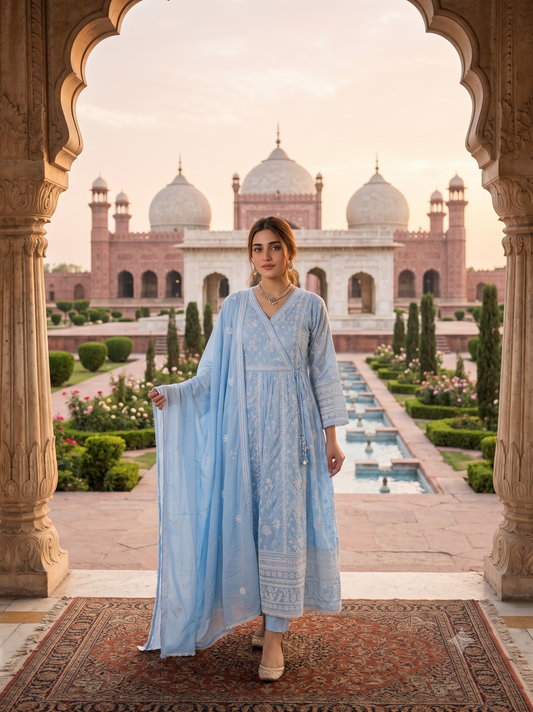 Chikankari Angrakha Anarkali Suit Set (Available in Sky Blue & Yellow)