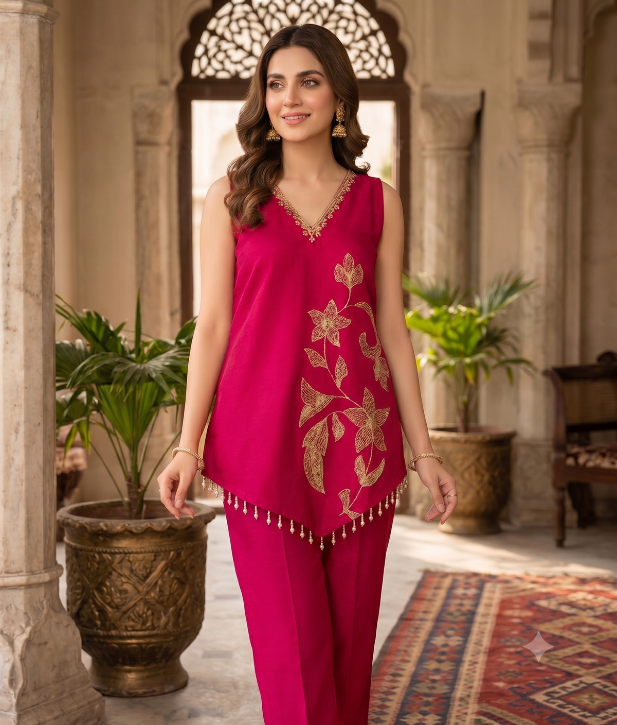 Elegant Black & pink Gold Floral Embroidered Sleeveless Silk Suit Set