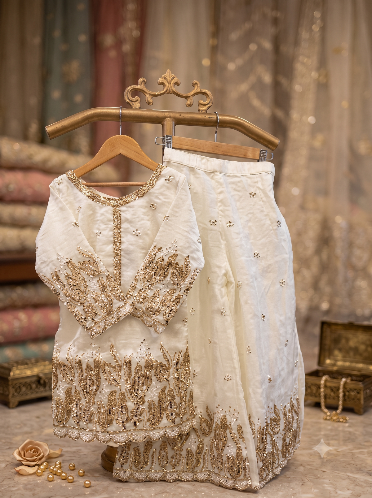 Off-White Heavy Gold Embroidered Sharara Suit Set