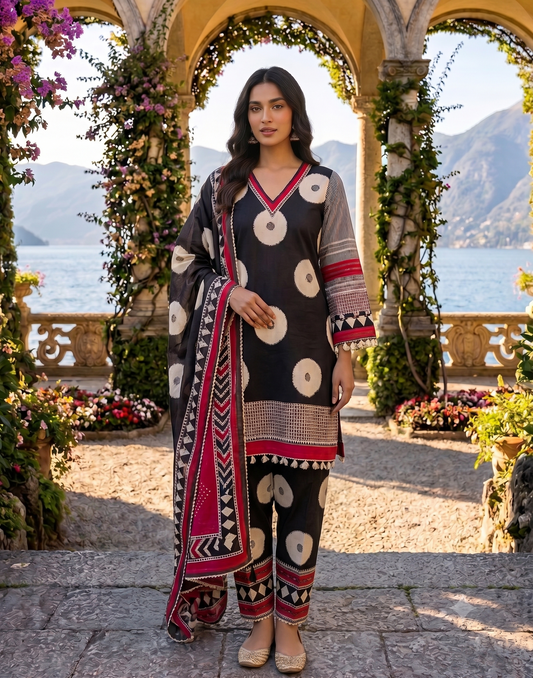 Charcoal Black Polka Dot &amp; Geometric Motif Printed Suit Set