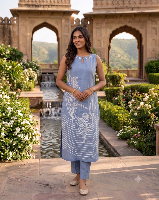 Cool Blue Cotton Sleeveless Kurta Set with Botanical Line Art