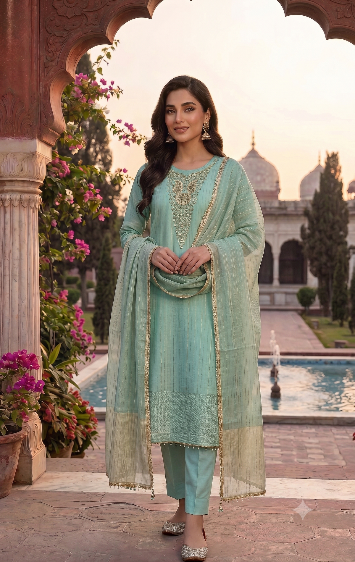 Elegant Sage Green Glass Tissue / Glass Organza Suit Set