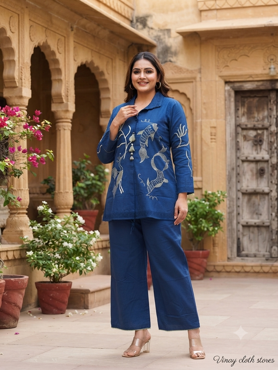 Oceanic Bliss Embroidered Cotton Co-Ord Set