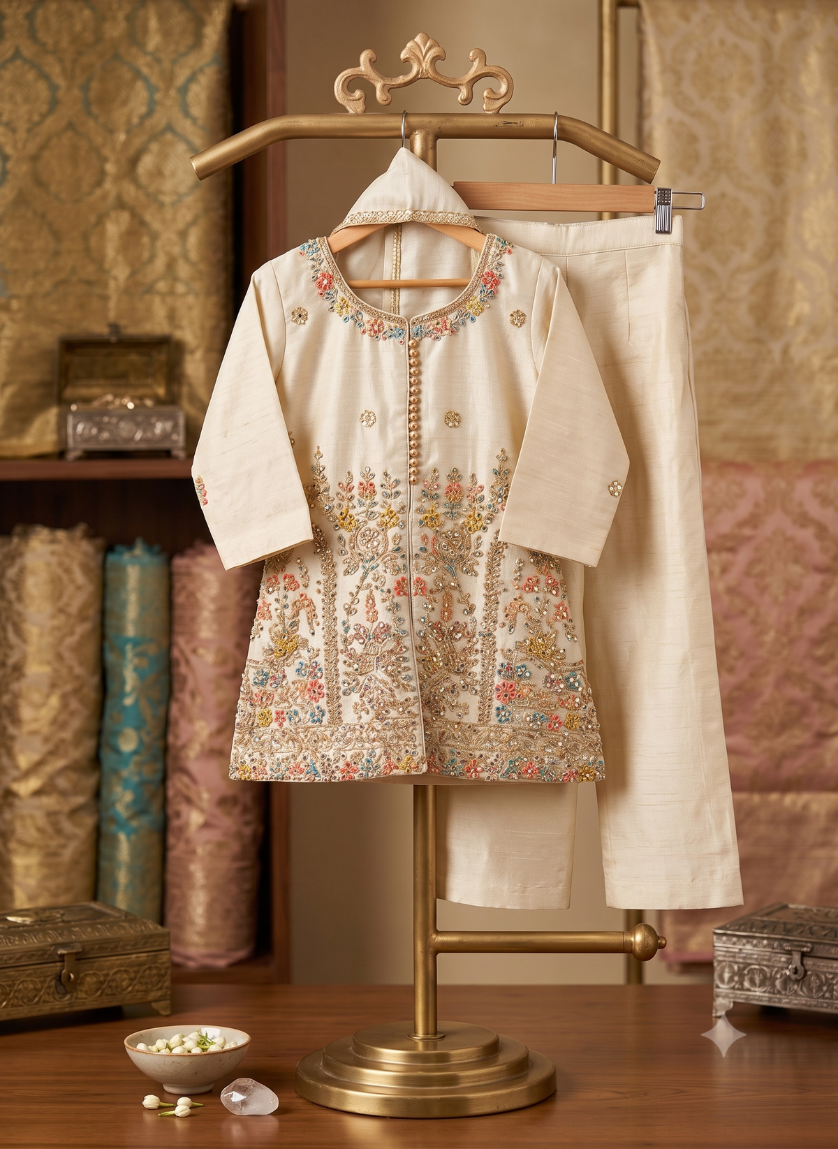 Off-White Multicolored Floral Embroidered Suit Set