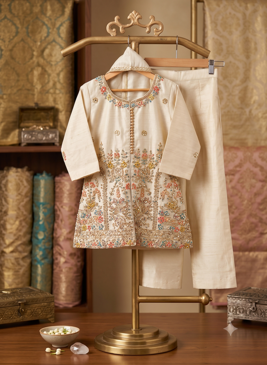 Off-White Multicolored Floral Embroidered Suit Set