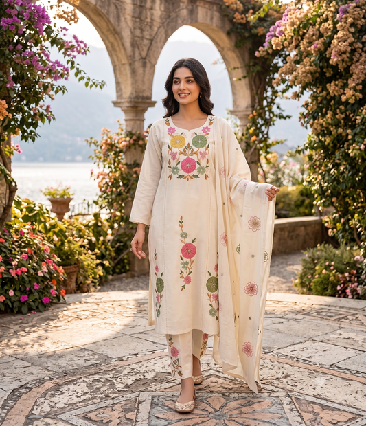 Pristine White Floral Embroidered Ethnic Suit Set with Tassel Lace