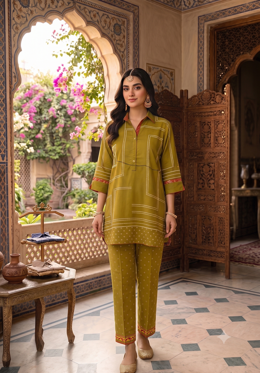 Mustard Green Bandhani Print Co-Ord / Shirt-Style Suit Set