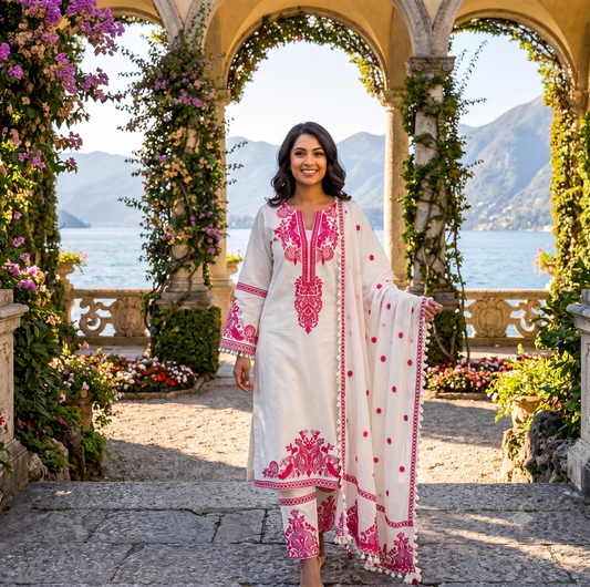 Pristine White Floral Embroidered Ethnic Suit Set with Tassel Lace
