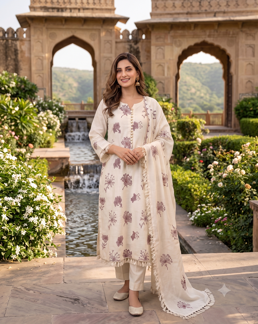 Elegant Cream Embroidered Suit Set with Tassel Lace Borders