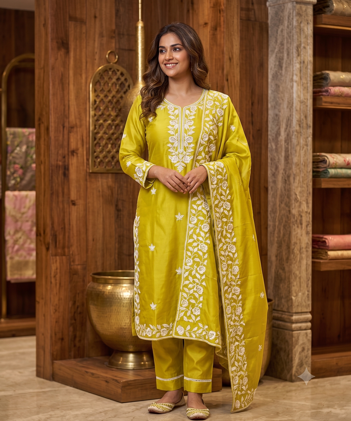 Bright Yellow Floral Threadwork Suit Set with Scalloped Cutwork Borders