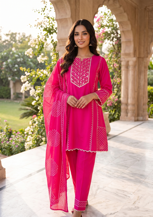 Bright Pink Embroidered Cotton Suit Set with Matching Dupatta