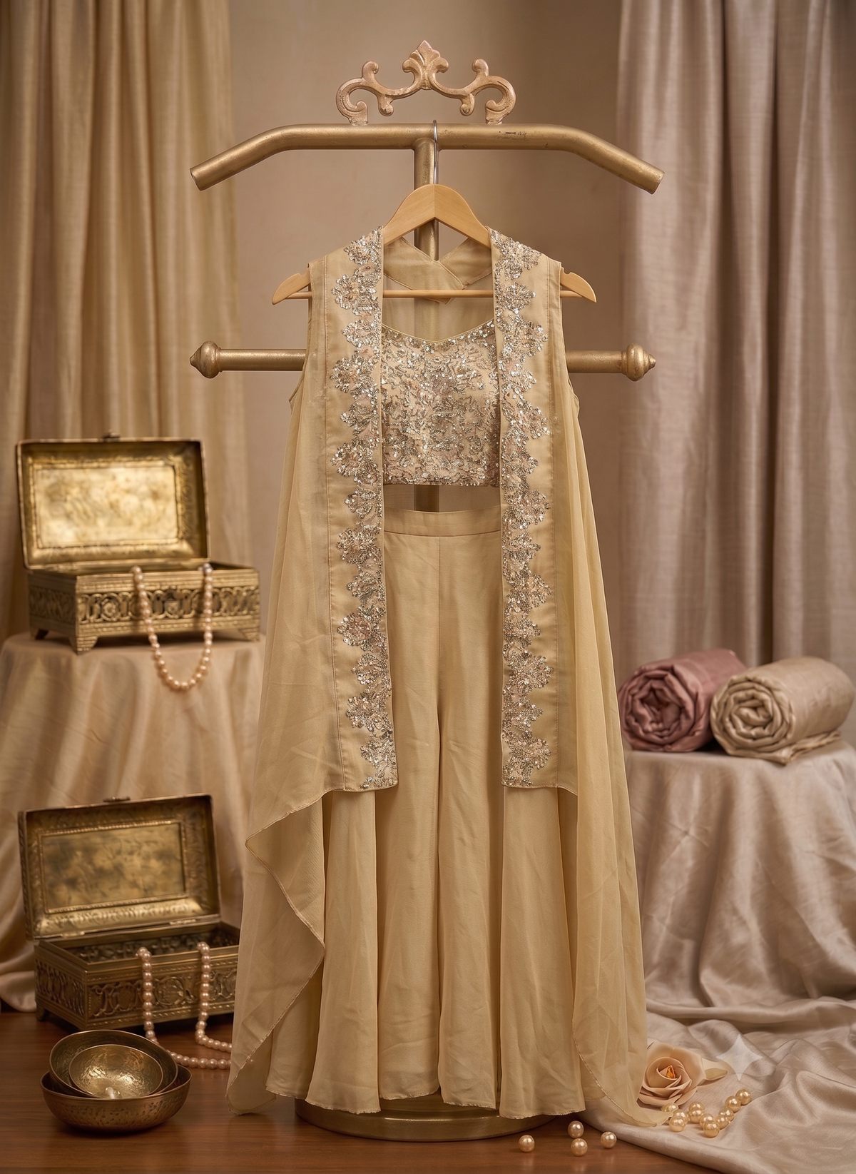 Beige Embroidered Georgette Shrug &amp; Crop Top Set