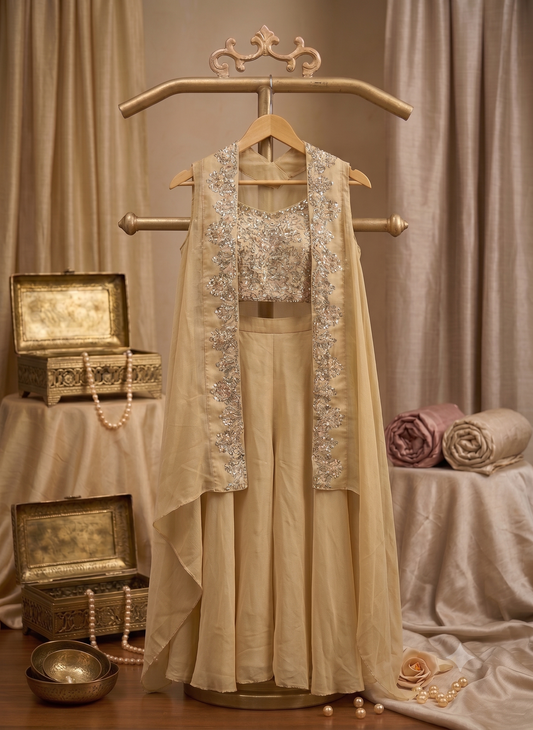 Beige Embroidered Georgette Shrug &amp; Crop Top Set
