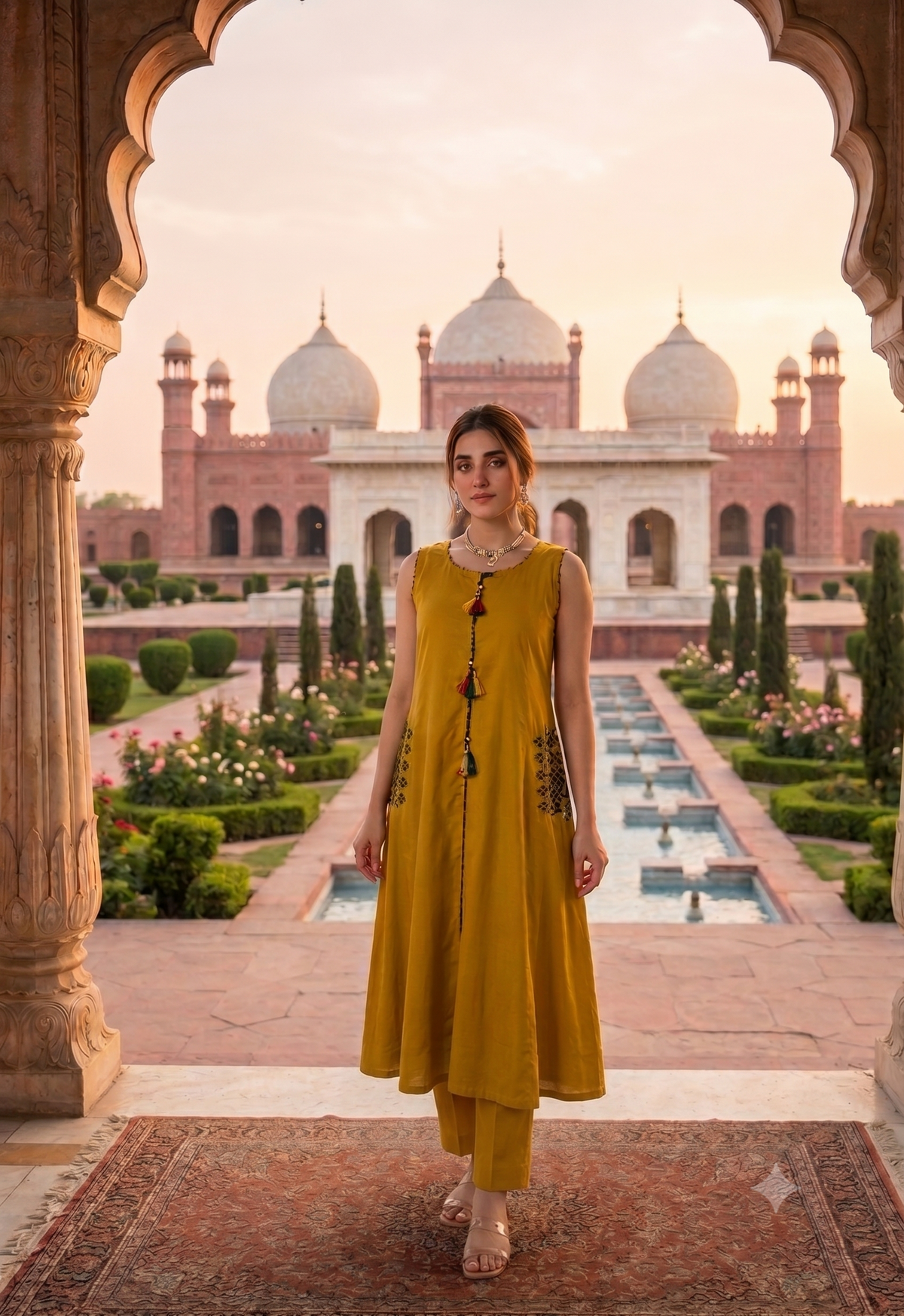 Mustard Yellow Cotton Kurti Set with Tassel &amp; Pocket Accent