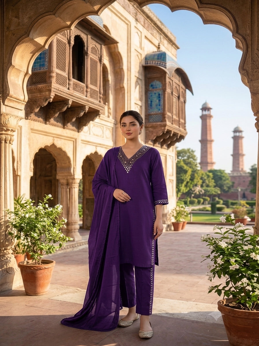 Royal Deep Purple Mirror-Embellished Suit Set
