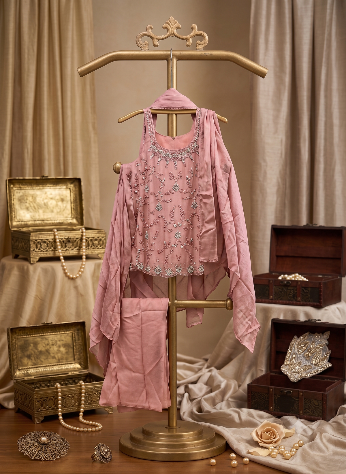 Pure Fabric Dusty Pink Embroidered Shrug Set