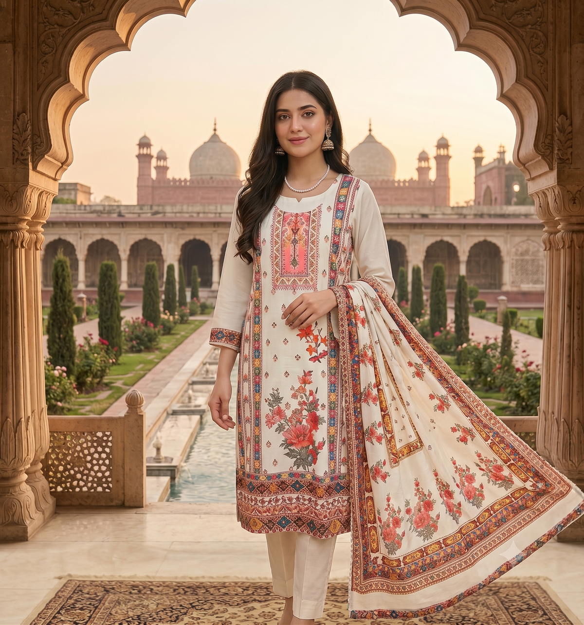 Off-White Printed Georgette Suit Set with Dupatta