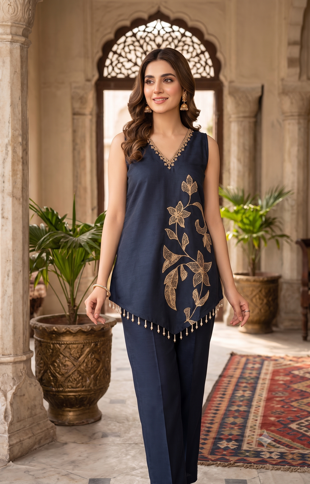 Elegant Black & pink Gold Floral Embroidered Sleeveless Silk Suit Set