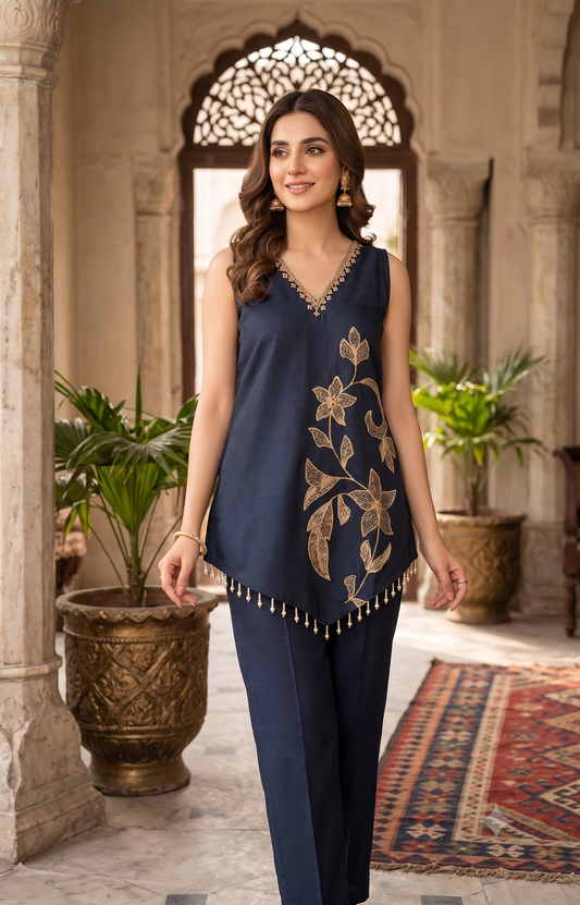 Elegant Black & pink Gold Floral Embroidered Sleeveless Silk Suit Set