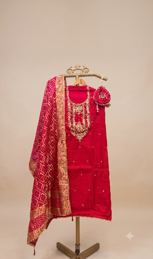 Pure Banarasi Silk Red Suit Set with Matching Potli Bag