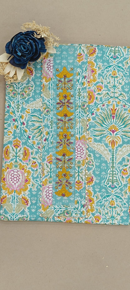 light green And Orange Mal Cotton printed fabric Unstitched Salwar Suit