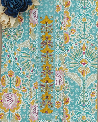 light green And Orange Mal Cotton printed fabric Unstitched Salwar Suit