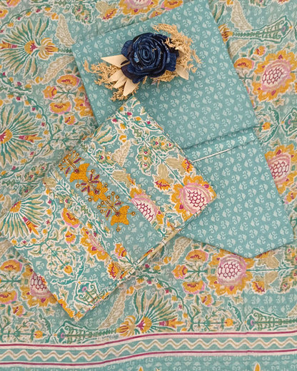 light green And Orange Mal Cotton printed fabric Unstitched Salwar Suit