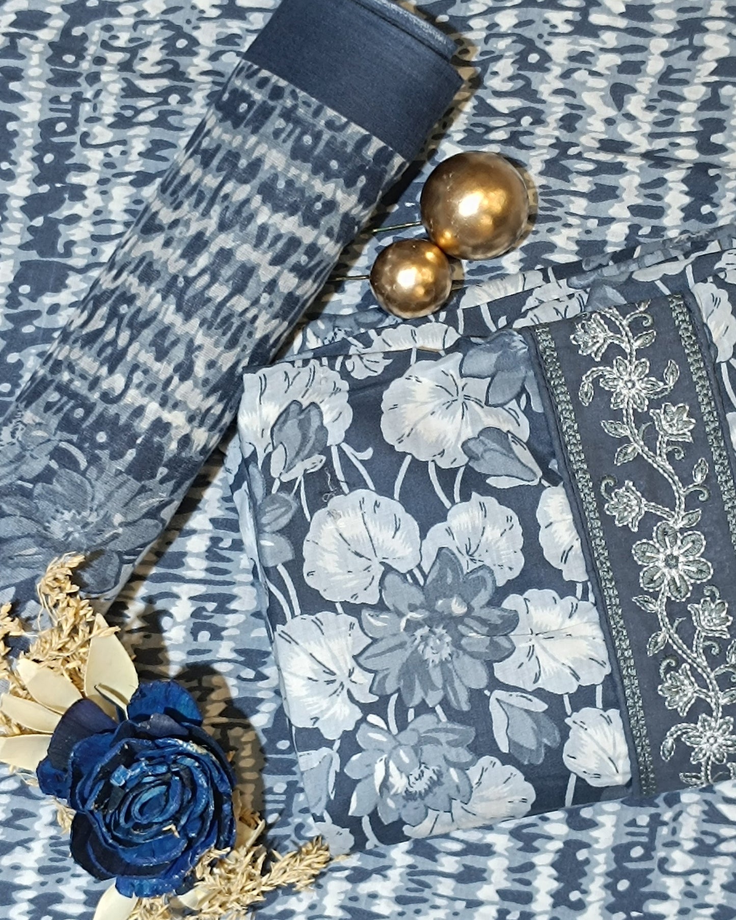 Blue And White Mal Cotton printed fabric Unstitched Salwar Suit