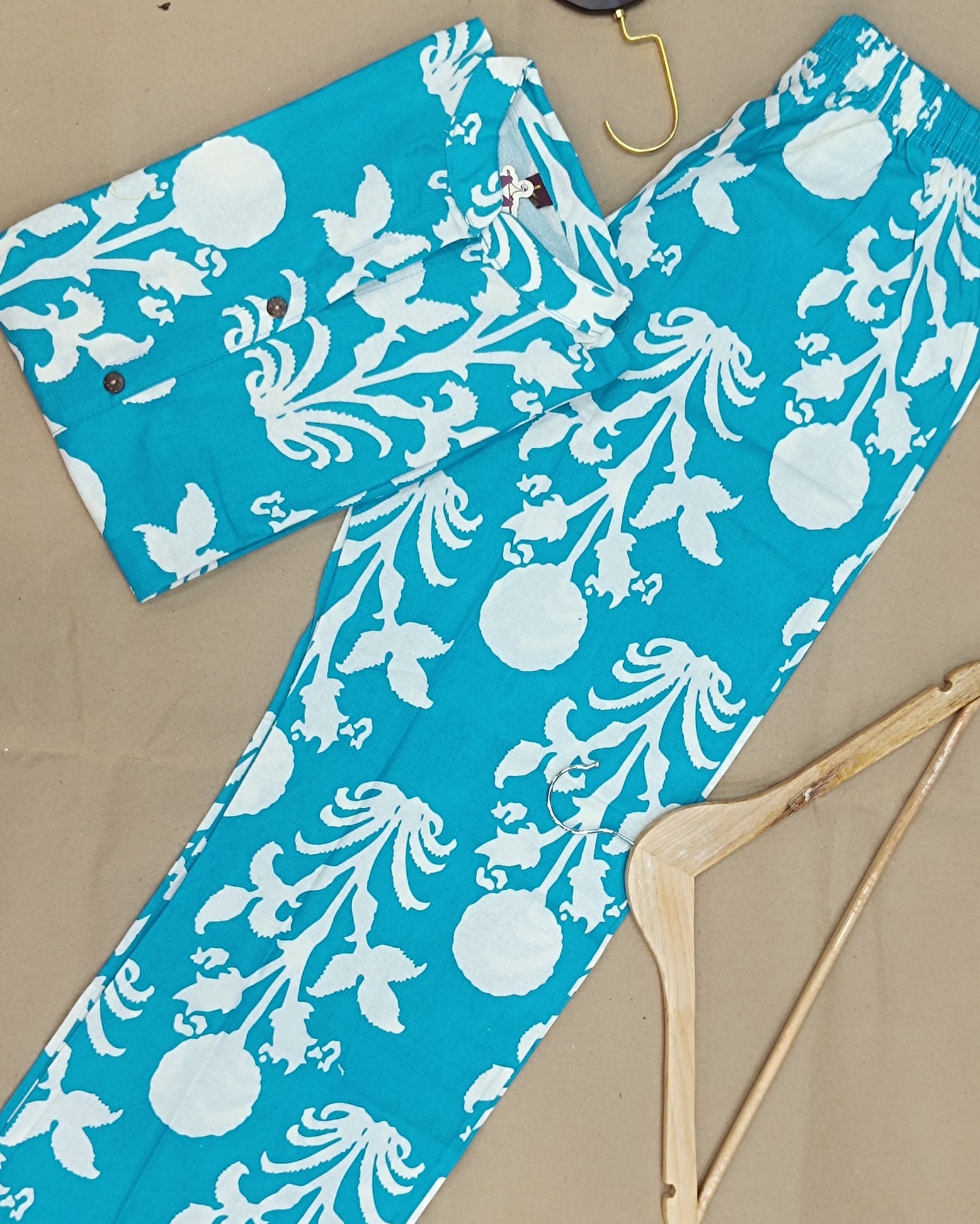 Sky Blue Printed Cotton Flex Ready Made Co-ord Set