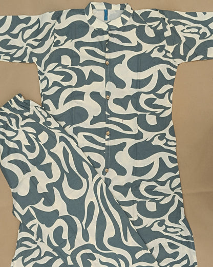 Dark Blue Printed Cotton Flex Ready Made Co-ord Set