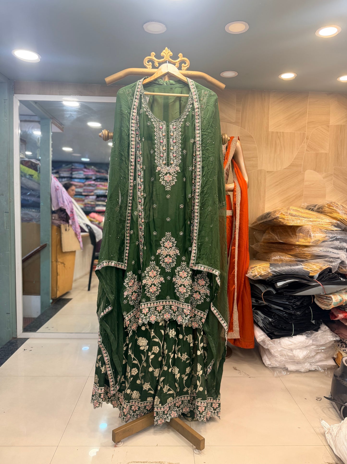 Elegant Bottle Green Pure Fabric Unstitched Suit Set