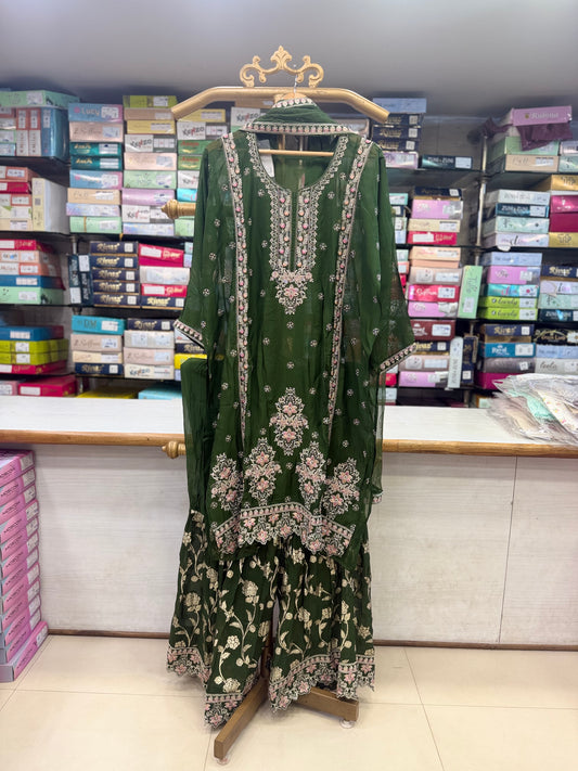 Elegant Bottle Green Pure Fabric Unstitched Suit Set