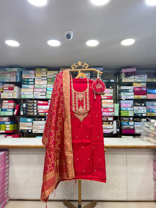 Pure Banarasi Silk Red Suit Set with Matching Potli Bag