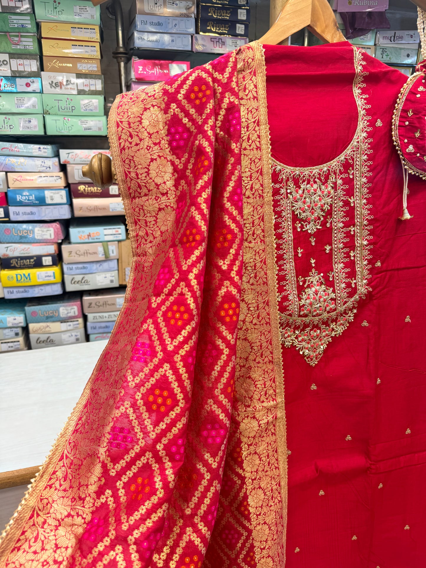 Pure Banarasi Silk Red Suit Set with Matching Potli Bag