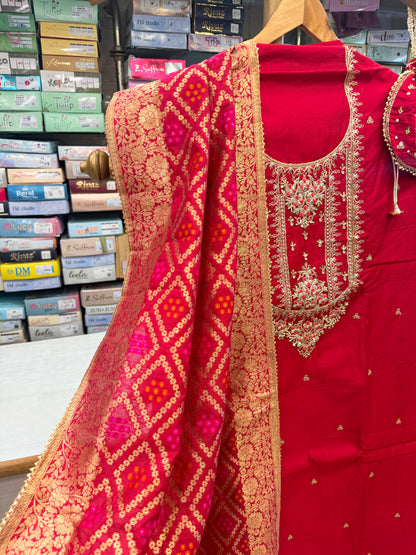 Pure Banarasi Silk Red Suit Set with Matching Potli Bag