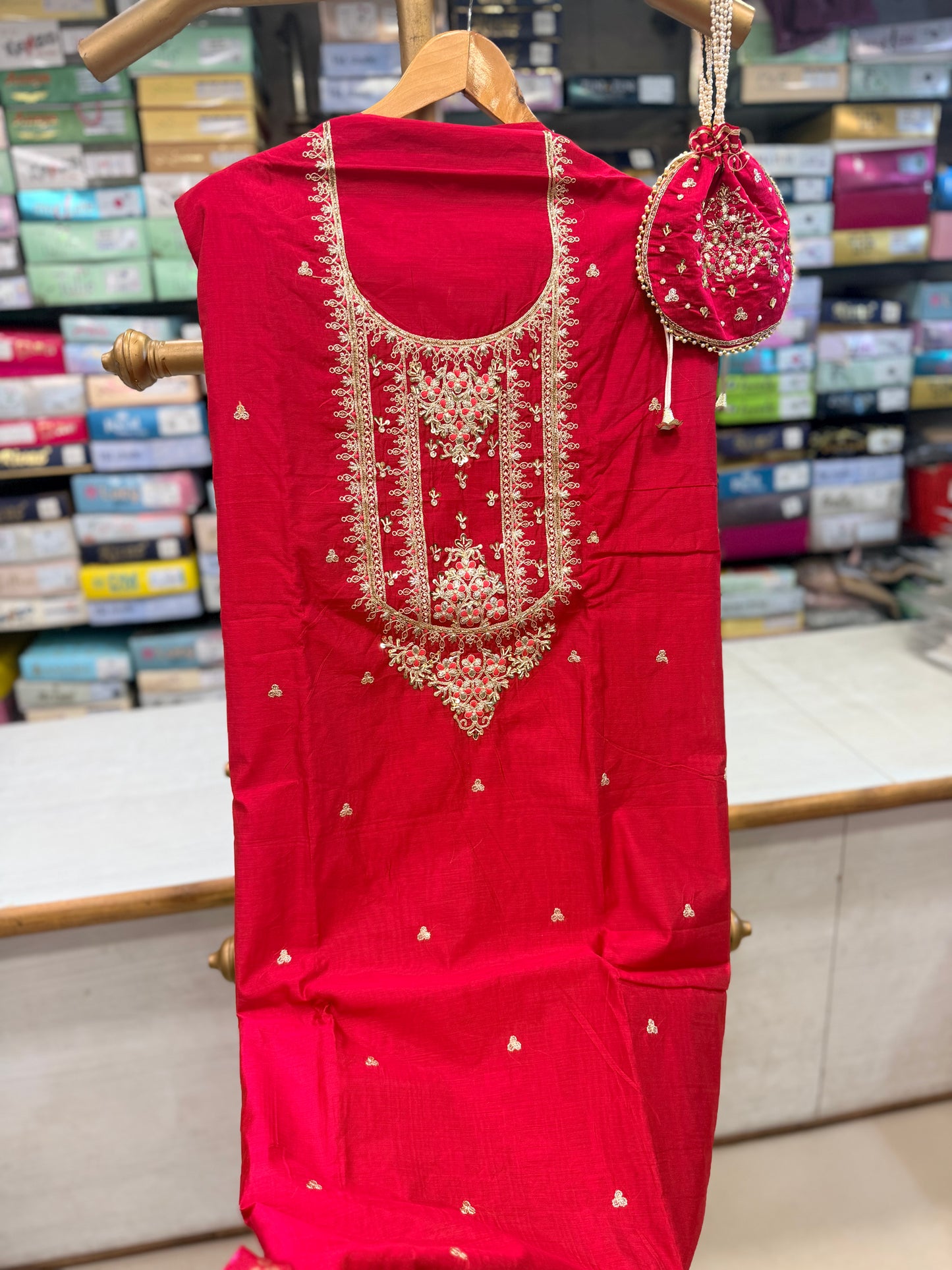 Pure Banarasi Silk Red Suit Set with Matching Potli Bag
