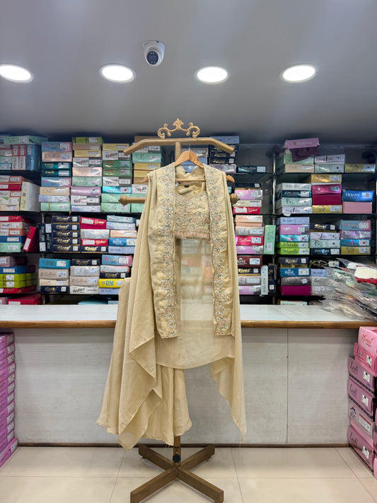 Beige Embroidered Georgette Shrug &amp; Crop Top Set