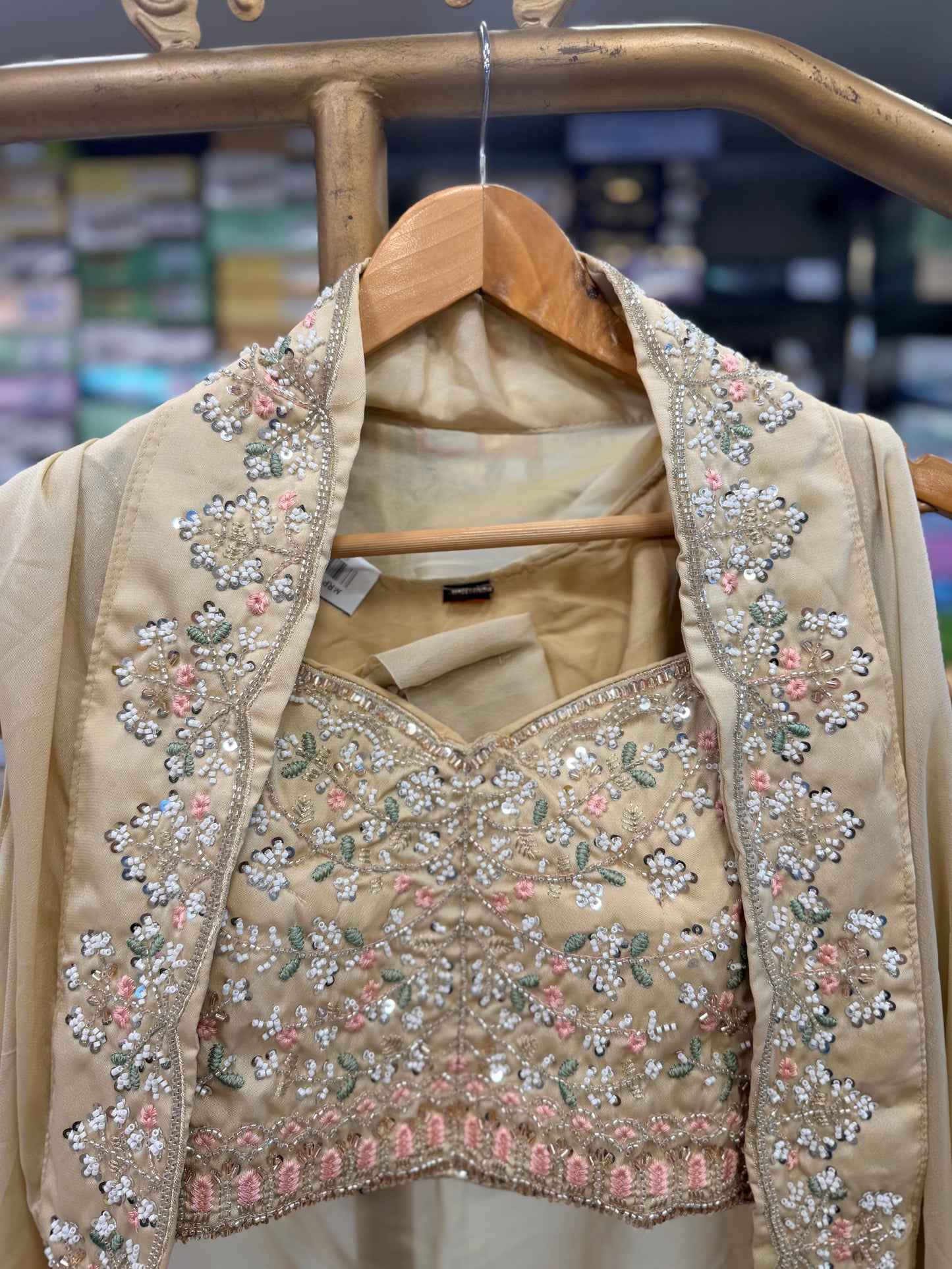 Beige Embroidered Georgette Shrug &amp; Crop Top Set