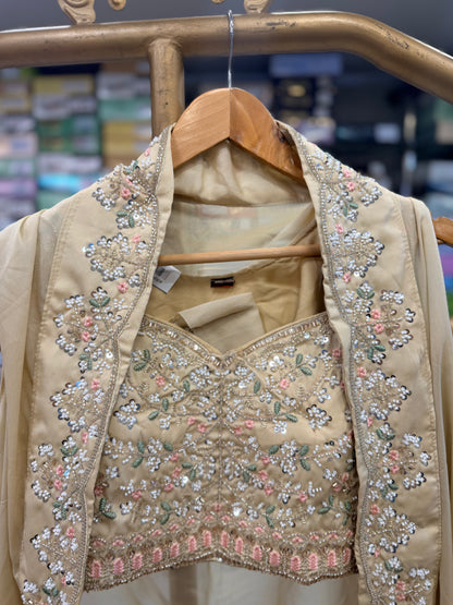 Beige Embroidered Georgette Shrug &amp; Crop Top Set