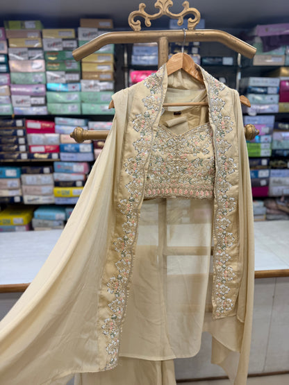 Beige Embroidered Georgette Shrug &amp; Crop Top Set