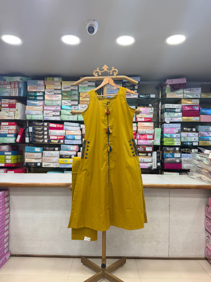 Mustard Yellow Cotton Kurti Set with Tassel &amp; Pocket Accent