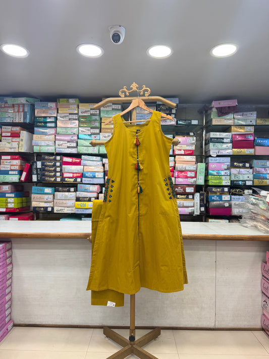 Mustard Yellow Cotton Kurti Set with Tassel &amp; Pocket Accent