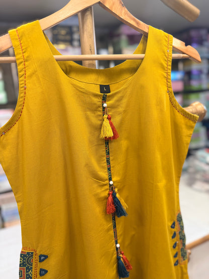 Mustard Yellow Cotton Kurti Set with Tassel &amp; Pocket Accent