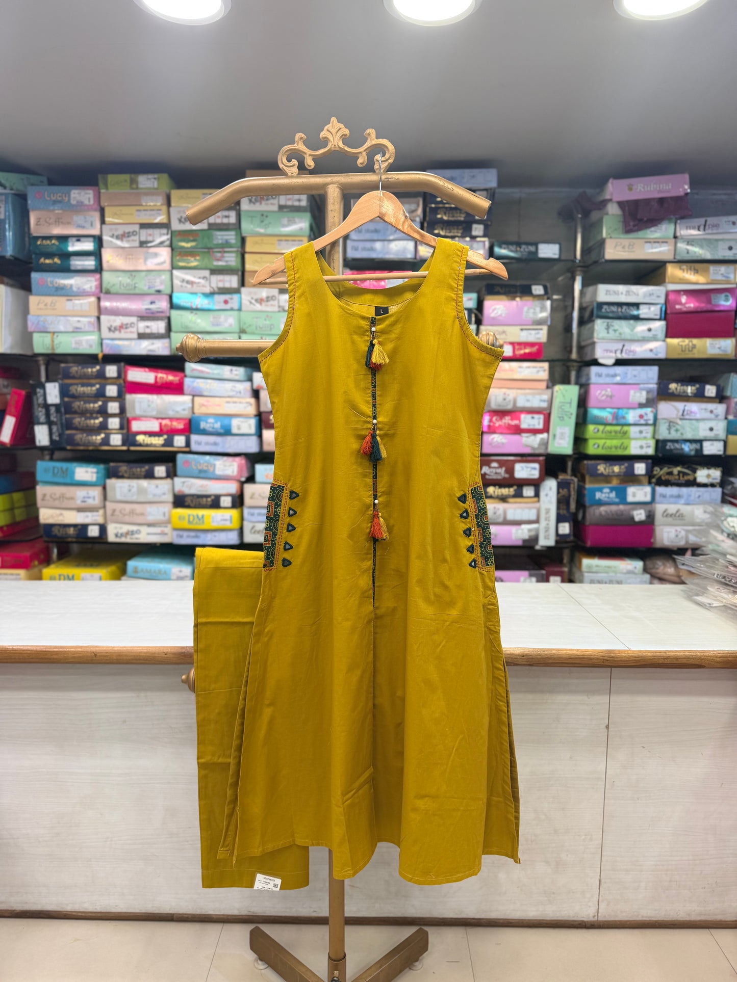 Mustard Yellow Cotton Kurti Set with Tassel &amp; Pocket Accent