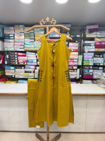 Mustard Yellow Cotton Kurti Set with Tassel &amp; Pocket Accent