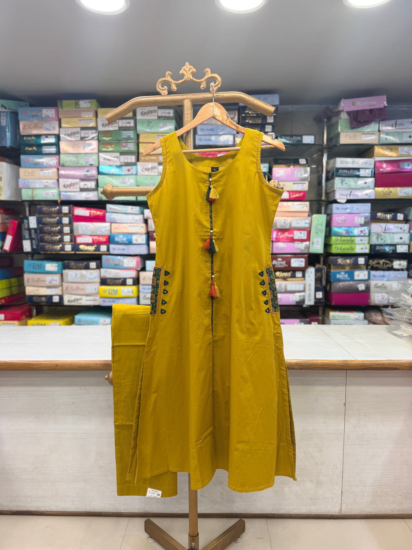 Mustard Yellow Cotton Kurti Set with Tassel &amp; Pocket Accent