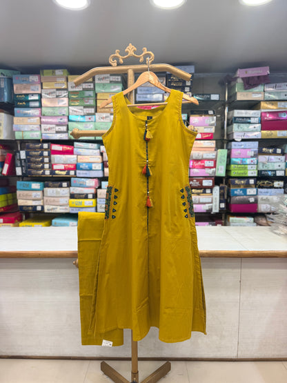 Mustard Yellow Cotton Kurti Set with Tassel &amp; Pocket Accent