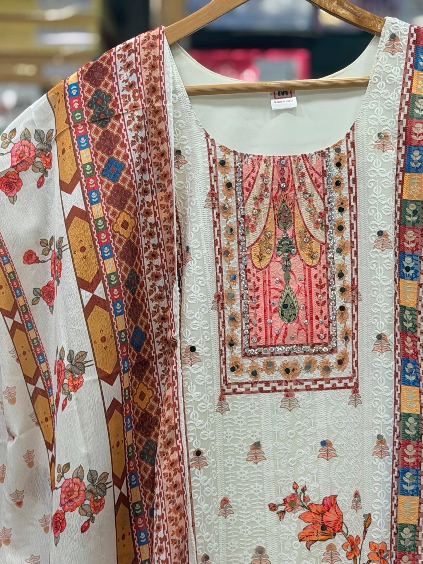 Off-White Printed Georgette Suit Set with Dupatta
