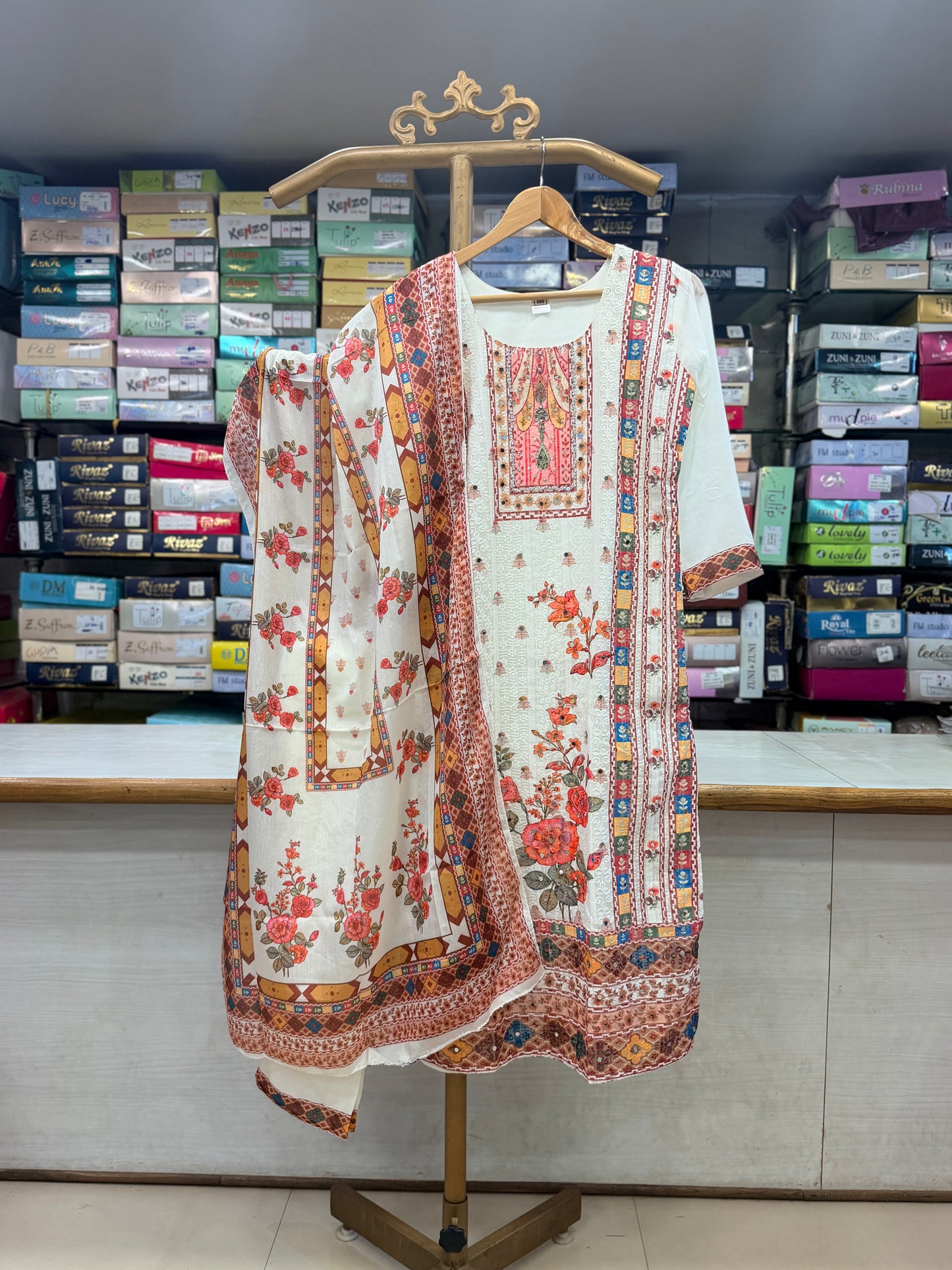 Off-White Printed Georgette Suit Set with Dupatta