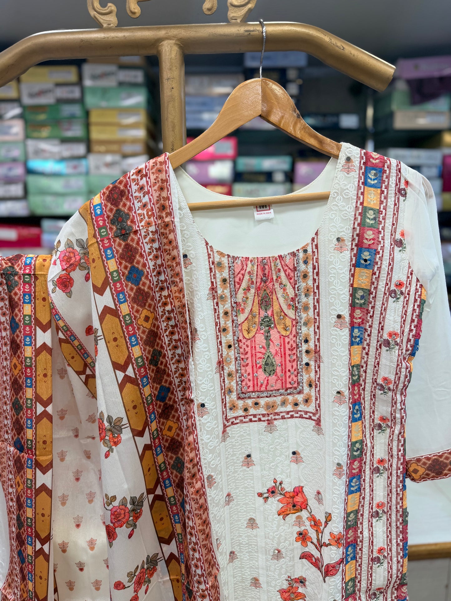 Off-White Printed Georgette Suit Set with Dupatta
